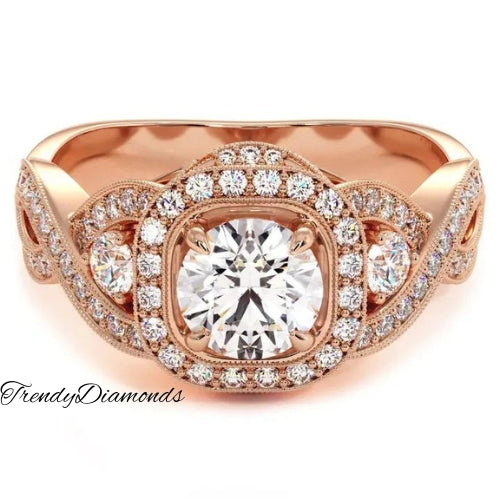 1.48 Carat D-VS1 Round Diamond Engagement Ring 14k Rose Gold Vintage Style