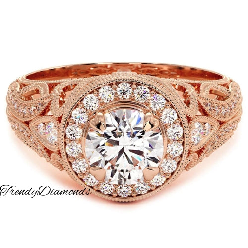 1.70 Carat G-SI1 Round Diamond Engagement Ring 14k Rose Gold Vintage Style