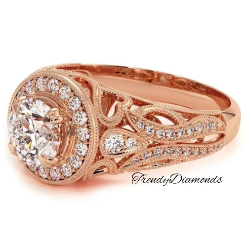 1.70 Carat G-SI1 Round Diamond Engagement Ring 14k Rose Gold Vintage Style