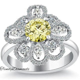 2.01 Carat Fancy Yellow Diamond Flower Shape Engagement Ring 18k White Gold