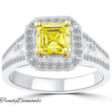 2.02 Carat Fancy Yellow Asscher Cut Diamond Engagement Ring 18k Pave Halo