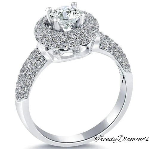 2.33 Carat H-SI1 Natural Round Diamond Engagement Ring 18k White Gold Pave Halo