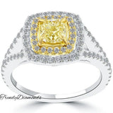 1.38 Carat Fancy Yellow Cushion Cut Diamond Engagement Ring 18k Gold Pave Halo