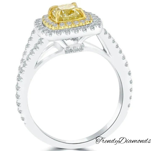 1.38 Carat Fancy Yellow Cushion Cut Diamond Engagement Ring 18k Gold Pave Halo