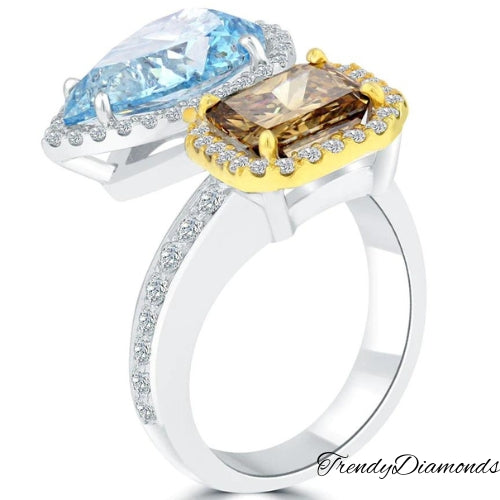 6.56 Carat Fancy Blue & Cognac Brown Diamond Cocktail Ring 14k White Gold