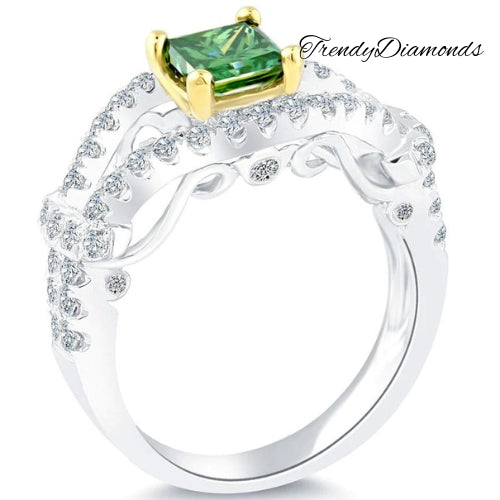 1.86 Carat Fancy Green Princess Cut Diamond Engagement Ring 14k White Gold