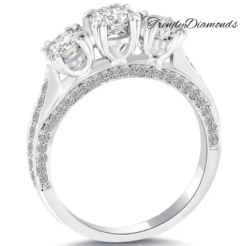 1.80 Carat H-SI1 Three Stone Natural Diamond Engagement Ring 18k White Gold