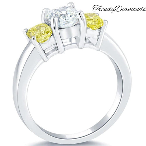 2.52 Carat Fancy Yellow & White Radiant Cut Three Stone Diamond Engagement Ring